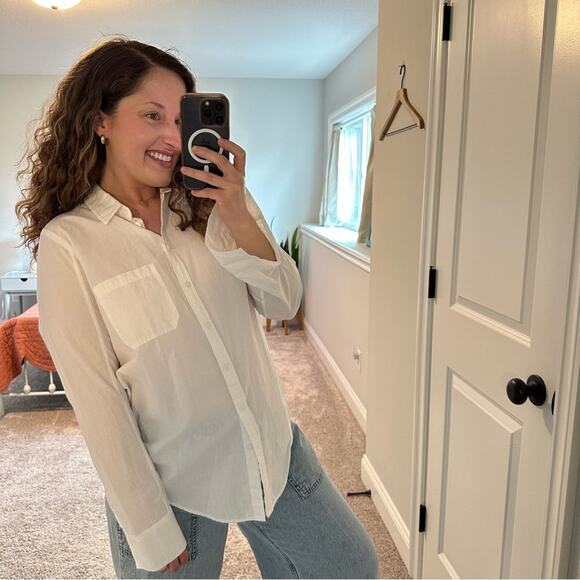 Athleta White Button Front Striped Back Long Sleeve Top Blouse Medium - Picture 3 of 16